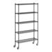 A Regency black wire shelving starter kit on wheels.