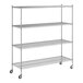 A Regency stainless steel wire shelving unit with wheels.