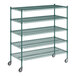 A green metal wire shelving unit with five shelves.