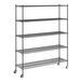 A black metal wire shelving unit with wheels.