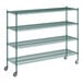 A green metal wire shelving unit with four shelves.