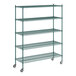 A green metal Regency wire shelving unit with wheels.