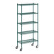 A green metal Regency wire shelving unit with wheels and five shelves.