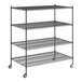 A black wire shelving unit with four shelves.