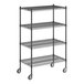 A Regency black wire shelving unit with wheels.