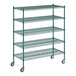 A green wire shelving unit with five shelves.