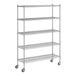 A Regency chrome mobile wire shelving unit with 5 shelves and wheels.