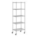 A Regency chrome mobile wire shelving unit with 5 shelves and wheels.