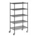 A Regency black wire shelving starter kit with wheels.