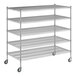 A Regency chrome wire shelving unit with wheels and four shelves.