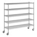 A Regency chrome wire shelving unit with five shelves and wheels.