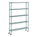 A Regency green metal wire shelving starter kit with wheels.