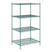 A green wire shelving unit with four shelves.