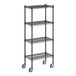 A Regency black wire shelving unit with wheels.