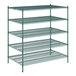 A green metal wire shelving unit with four shelves.