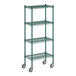 A Regency green wire shelving unit with wheels.