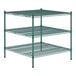 A Regency green epoxy wire shelving unit with three shelves.