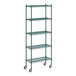 A Regency green wire shelving unit with wheels.