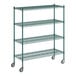 A green metal Regency wire shelving unit with four wheels.
