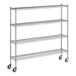 A Regency chrome wire shelving unit with wheels.