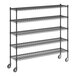 A black wire shelving unit with wheels.