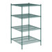 A Regency green wire shelving unit with four shelves.