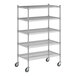 A Regency chrome mobile wire shelving unit with 5 shelves and wheels.