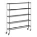 A Regency black wire shelving starter kit with wheels.