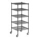 A Regency black wire shelving unit with wheels and five shelves.