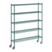 A green Regency mobile wire shelving starter kit with wheels.