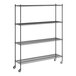 A black wire Regency mobile shelving unit with 4 shelves and wheels.