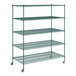 A Regency green wire shelving unit with wheels.