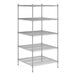 A white wireframe Regency metal shelving unit with four shelves.