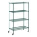 A green metal Regency wire shelving unit with wheels.