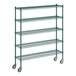 A Regency green metal wire shelving unit on wheels.