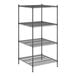 A black wire shelving unit with four shelves.