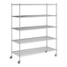 A Regency chrome mobile wire shelving unit with five shelves and wheels.