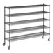 A Regency black metal wire shelving unit with wheels.