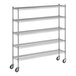 A Regency chrome mobile wire shelving unit with 5 shelves and wheels.