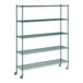 A green metal Regency wire shelving unit with wheels.