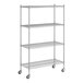 A Regency chrome mobile wire shelving unit with 4 shelves and wheels.