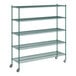 A green metal Regency wire shelving unit with wheels.