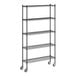 A Regency black wire shelving unit with wheels.