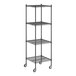 A Regency black wire shelving unit with wheels.