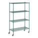 A green metal Regency wire shelving unit with wheels.