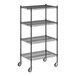 A Regency black wire shelving unit with wheels.