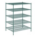 A Regency green wire shelving unit with four shelves.