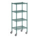 A Regency green wire shelving unit with wheels.