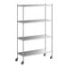 A Regency stainless steel shelving unit on wheels with four shelves.