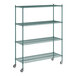 A Regency green epoxy wire shelving unit with wheels.